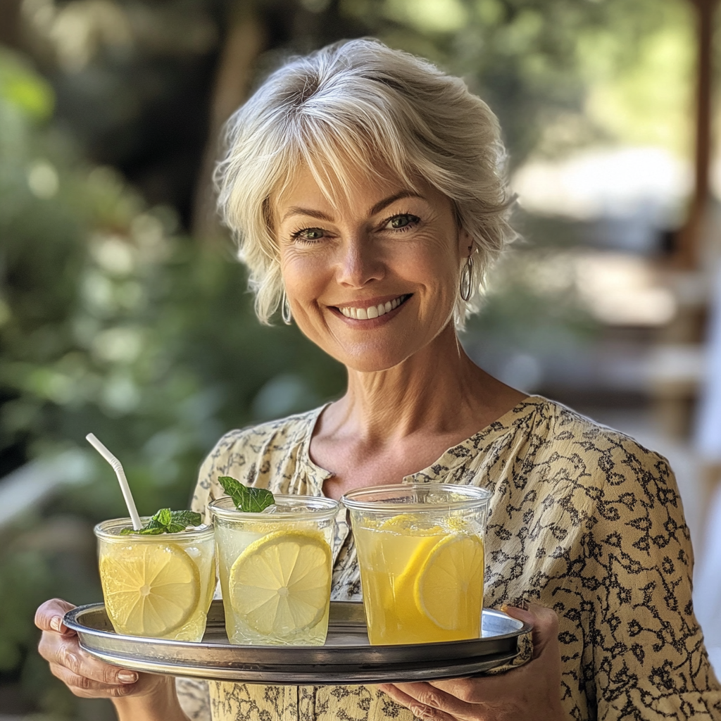 Une femme tenant un plateau de limonade | Source : Midjourney