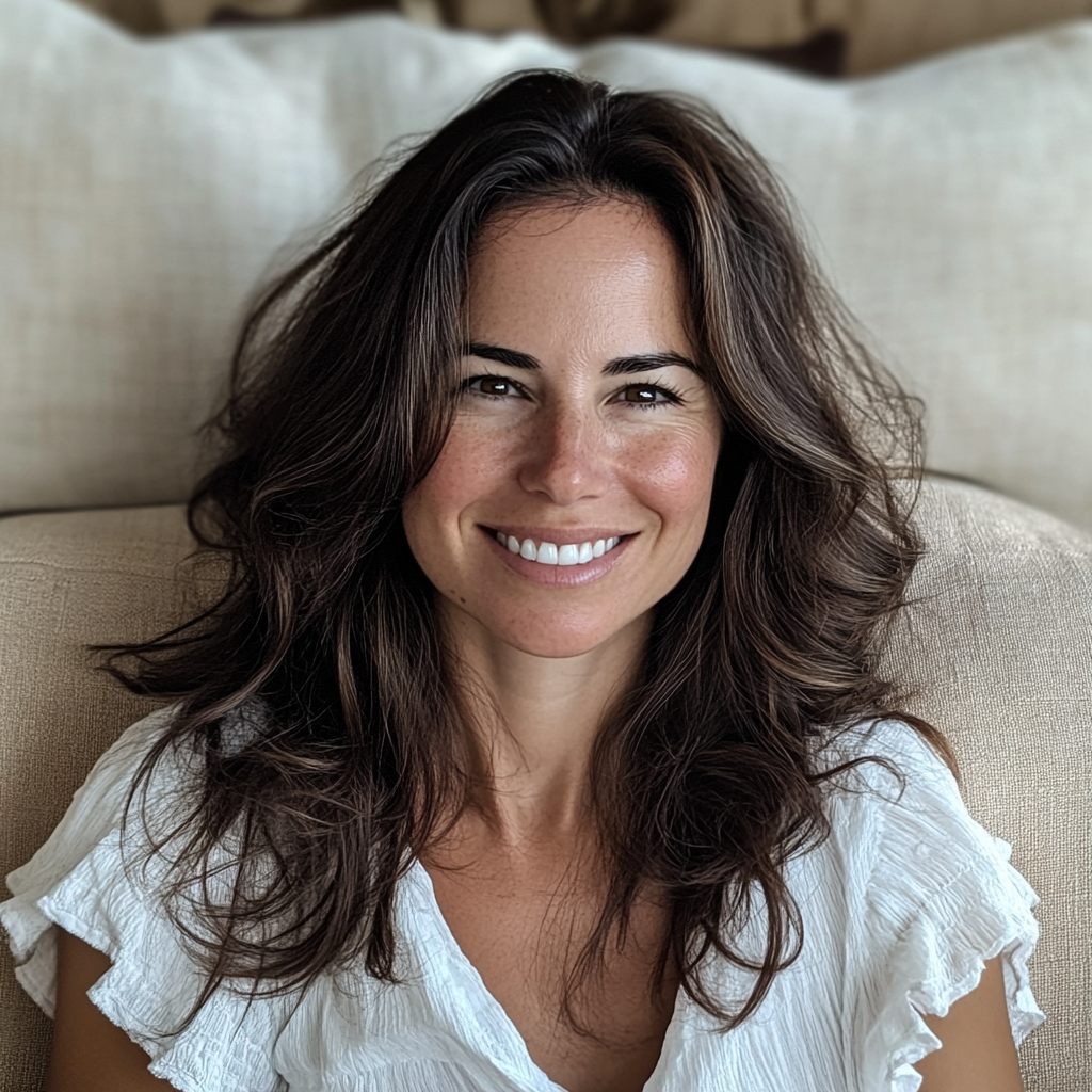 Une femme souriante assise sur un canapé | Source : Midjourney