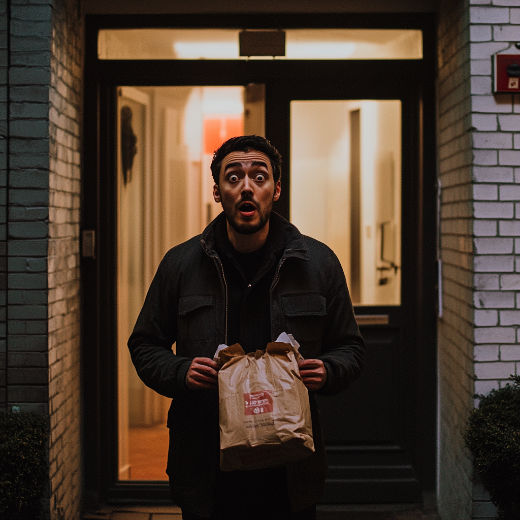 Un homme choqué avec un plat à emporter | Source : Midjourney