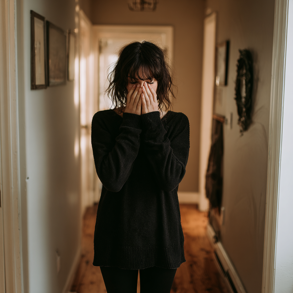Une femme avec ses mains devant son visage | Source : Midjourney