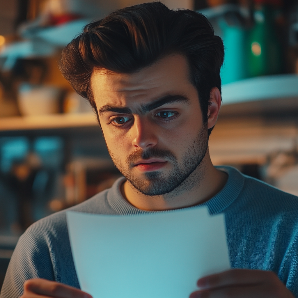 A young man looks at a receipt | Source: Midjourney