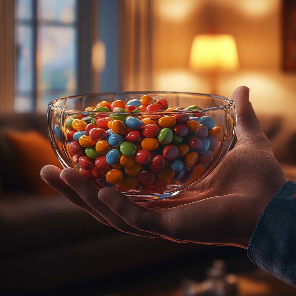 Un homme tenant un bol de bonbons | Source : Midjourney