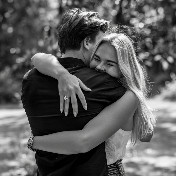 Une femme serrant son petit ami dans ses bras après une demande en mariage romantique dans un parc | Source : Midjourney