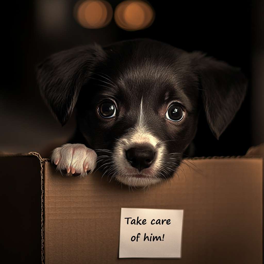 Photo nostalgique d'un chiot abandonné dans une boîte portant une note | Source : Midjourney