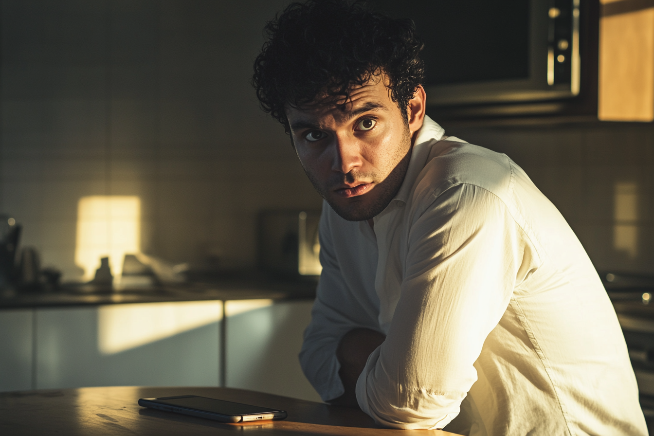 Homme d'une trentaine d'années au regard suppliant assis à une table de cuisine où se trouve un téléphone | Source : Midjourney