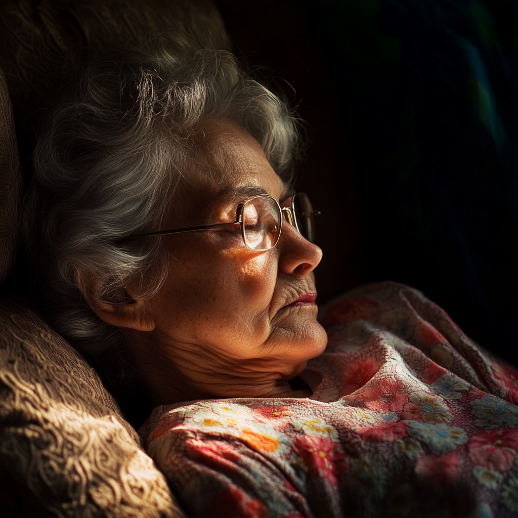 Une femme âgée malade se repose dans son lit | Source : Midjourney