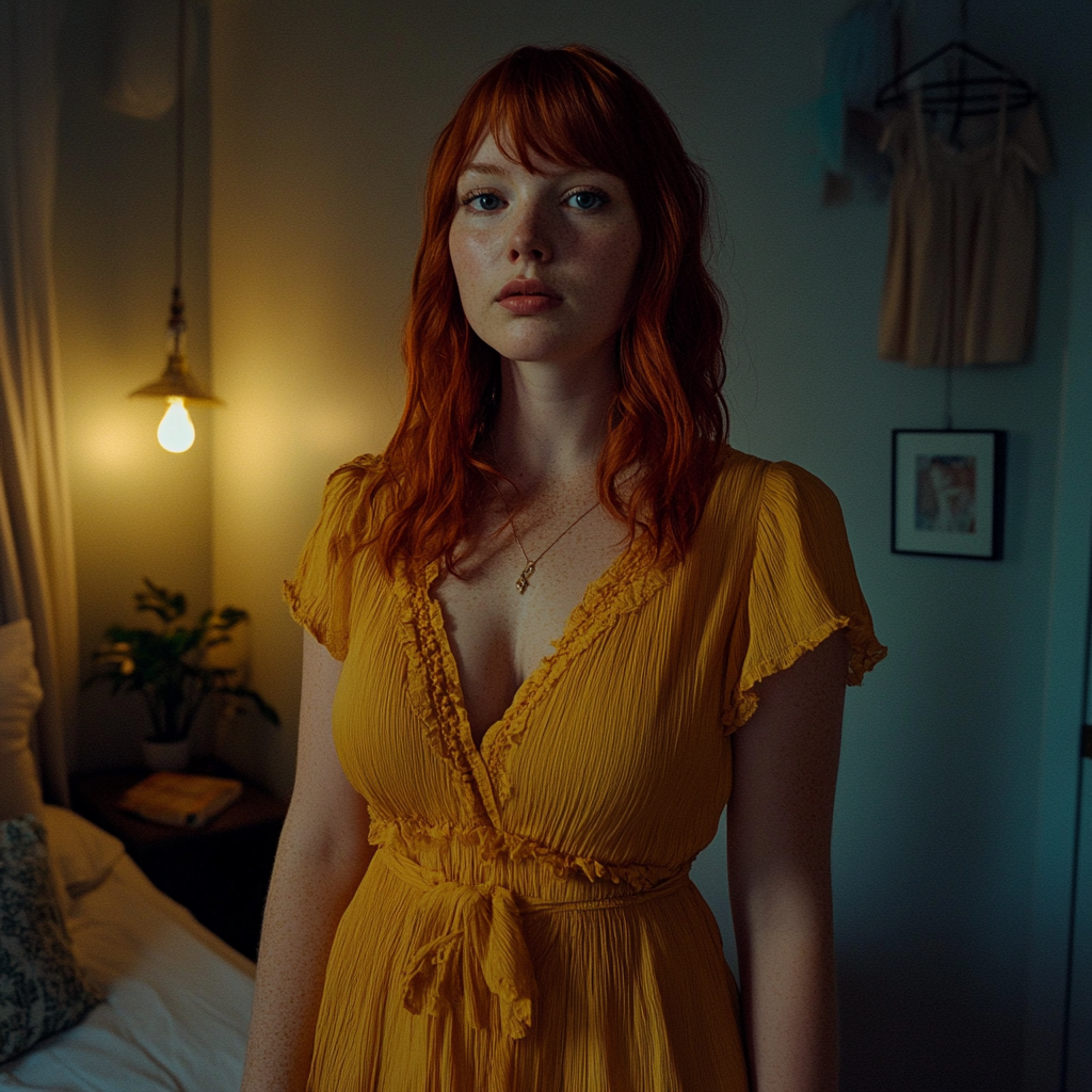 Une femme pensive debout dans une chambre à coucher | Source : Midjourney