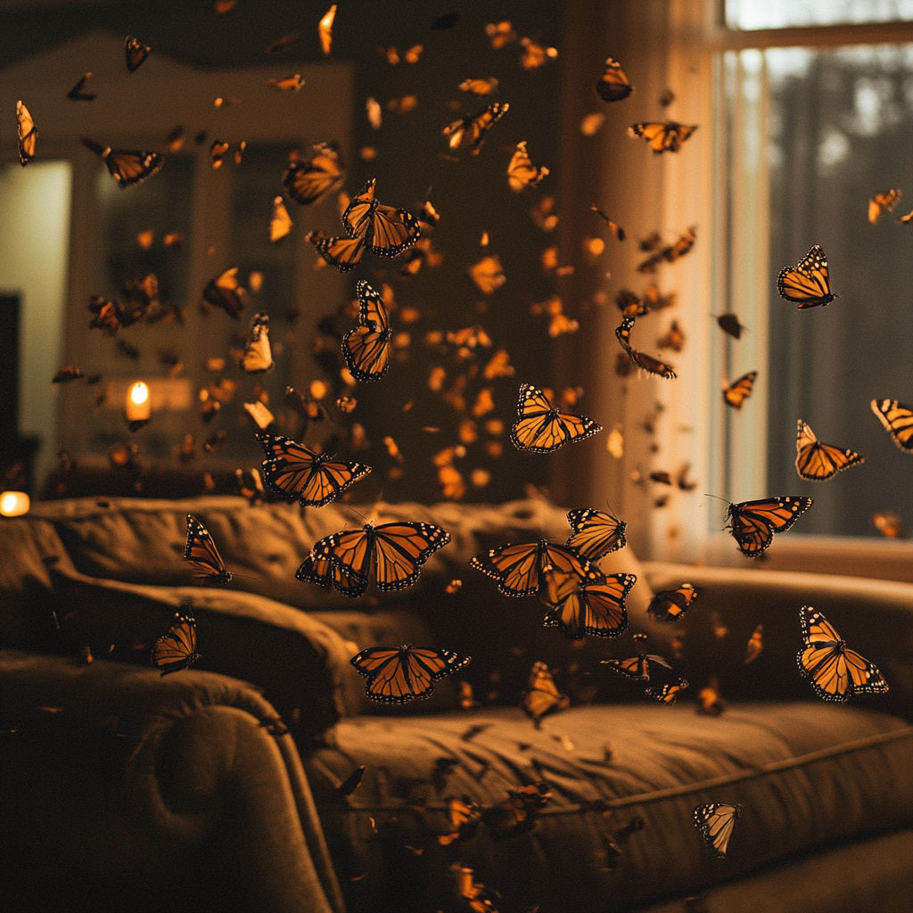 Papillons monarques volant dans le salon | Source : Midjourney