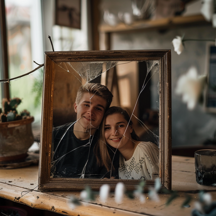 Un cadre photo avec la photo d'un jeune homme et d'une jeune femme dont le verre est fissuré à l'avant | Source : Midjourney
