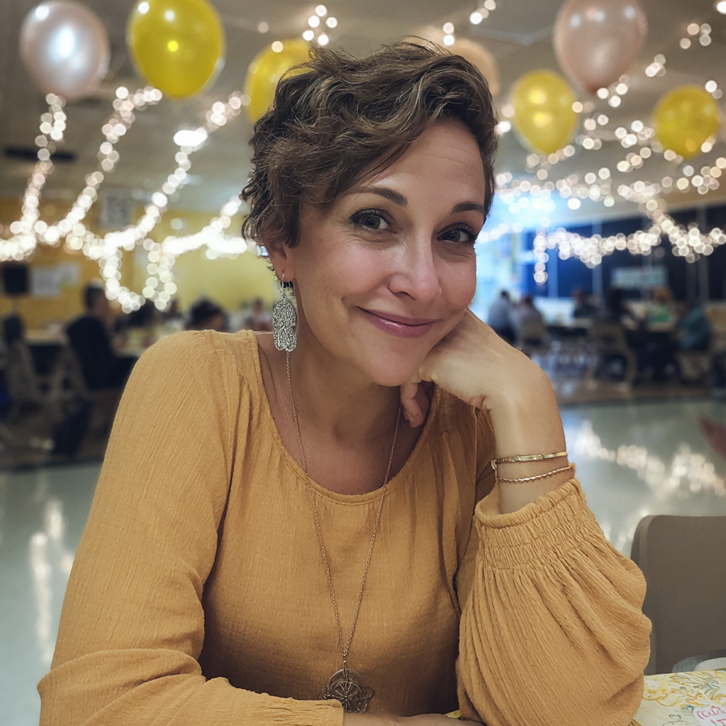 Une femme souriante portant une robe moutarde | Source : Midjourney