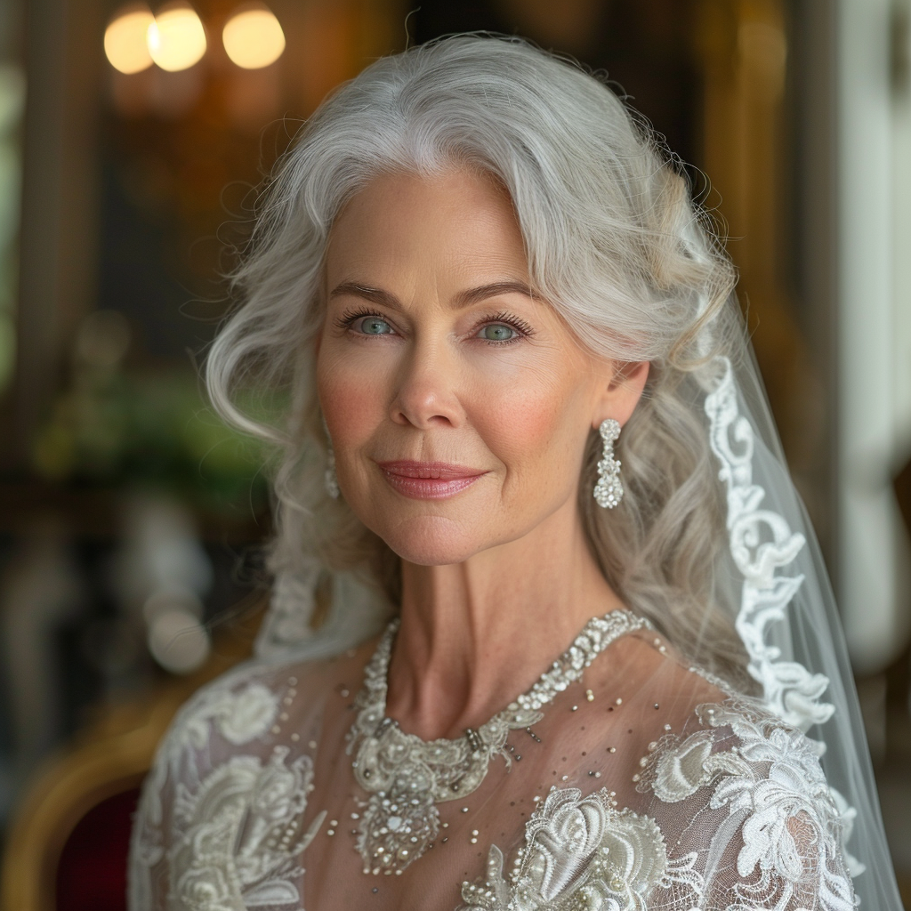 Une femme âgée souriante en robe de mariée | Source : Midjourney