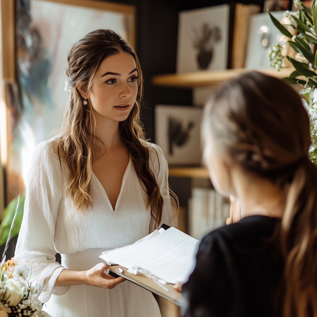 L'organisateur de mariage et la future mariée discutent | Source : Midjourney