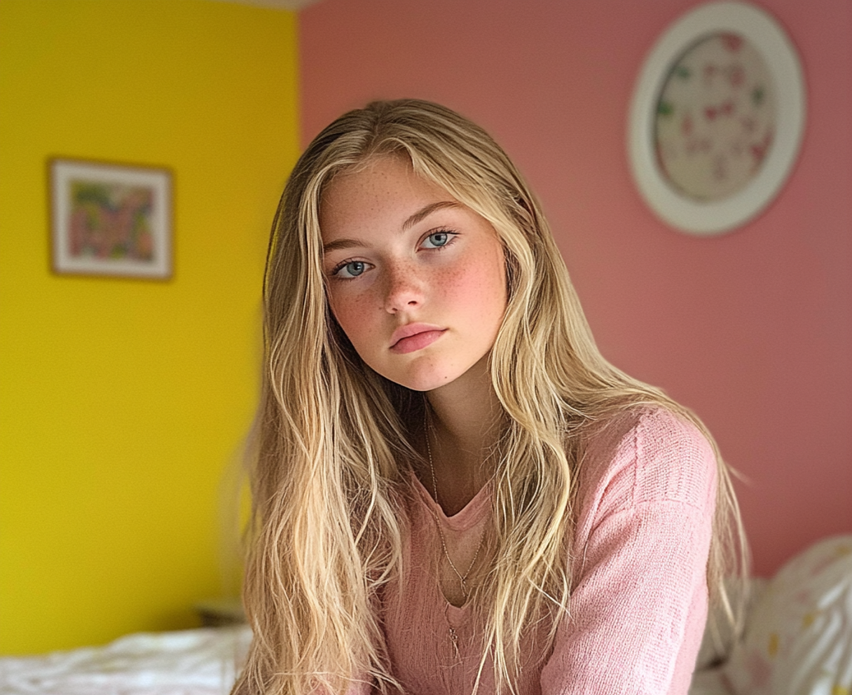 Une adolescente assise sur son lit | Source : Midjourney