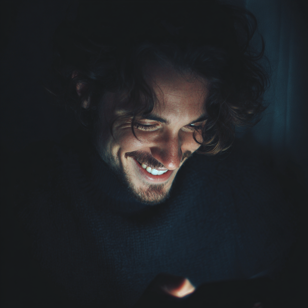 Un homme tenant son téléphone et souriant | Source : Midjourney
