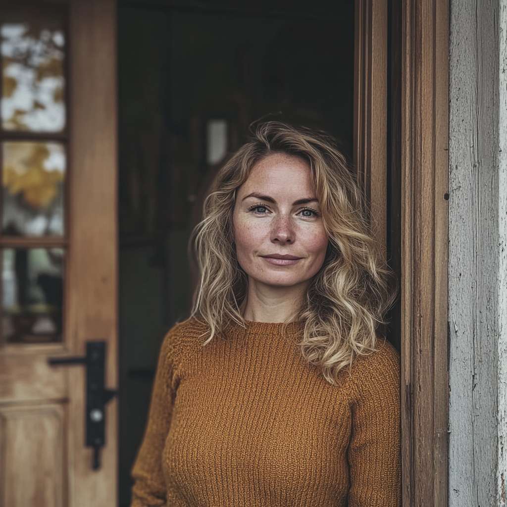 Une femme souriante se tenant devant une porte d'entrée | Source : Midjourney