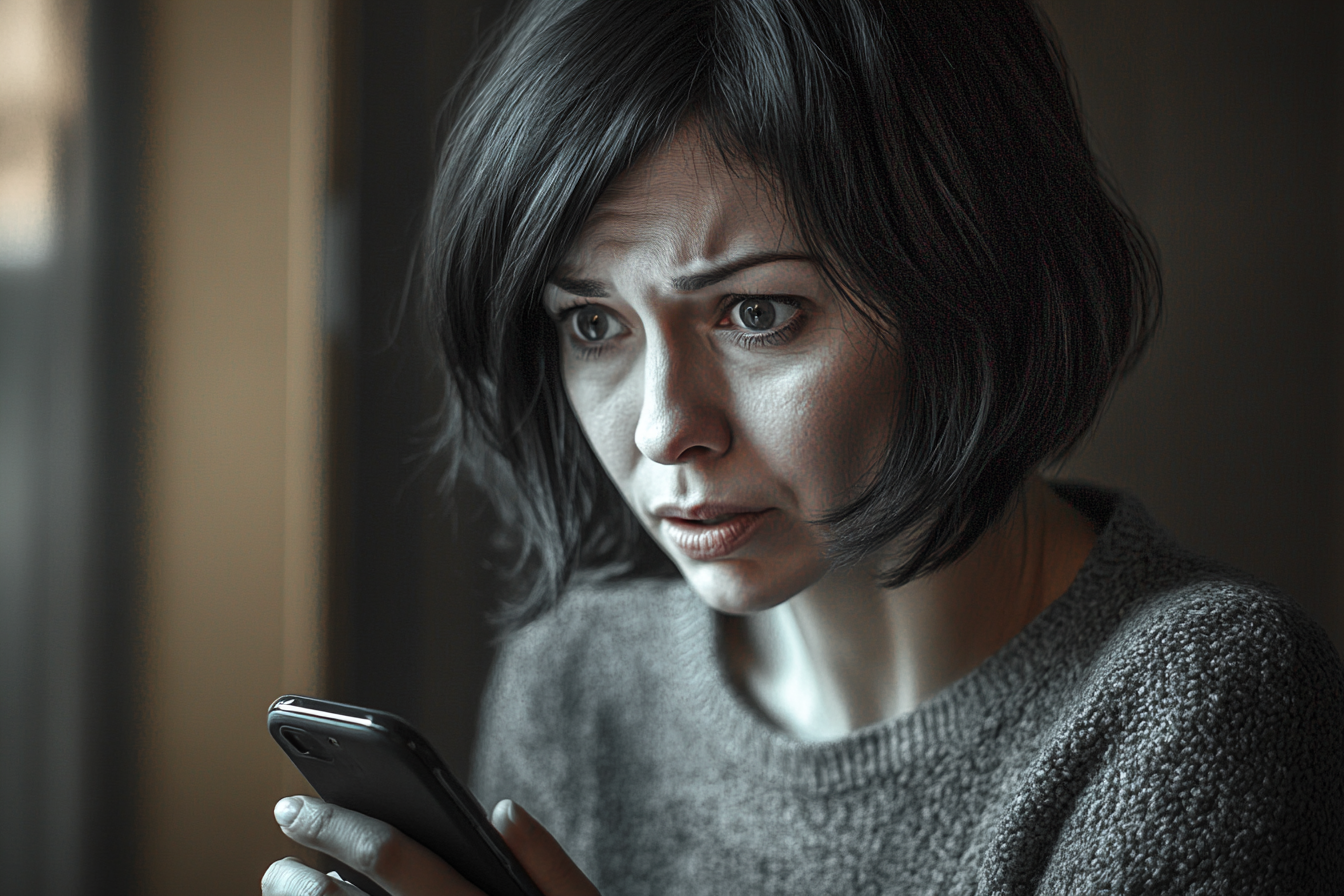 Une femme qui regarde son téléphone en état de choc | Source : Midjourney