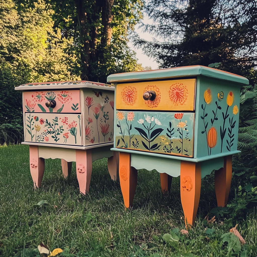 Tables de chevet peintes à la main à l'extérieur | Source : Midjourney