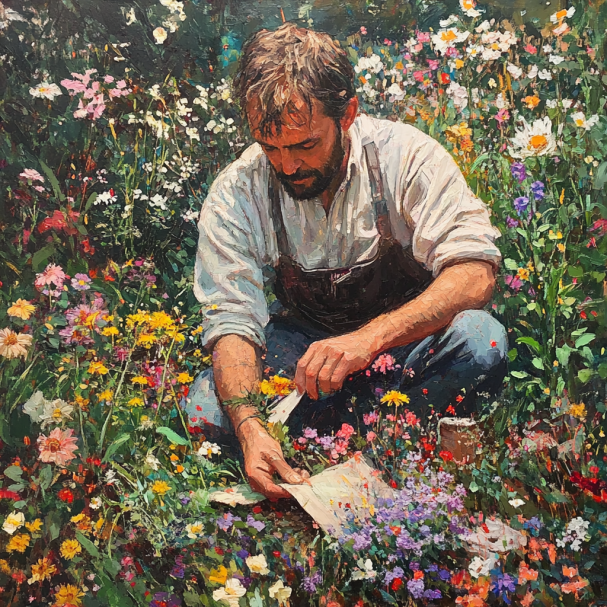 Un homme travaillant dans un jardin de fleurs | Source : Midjourney