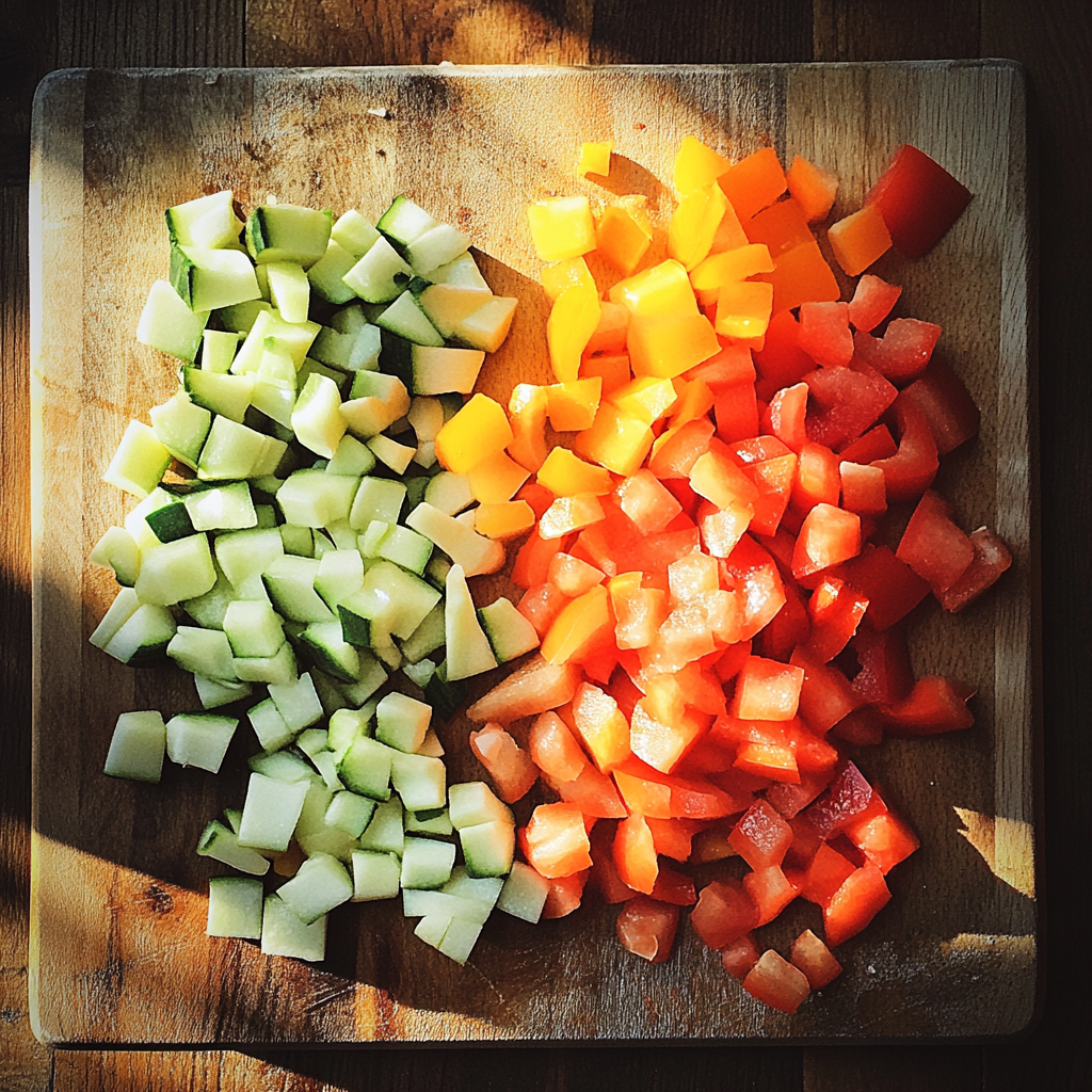 Légumes hachés sur une planche en bois | Source : Midjourney