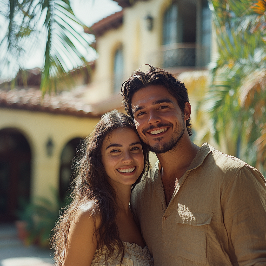 Un couple heureux devant une maison | Source : Midjourney