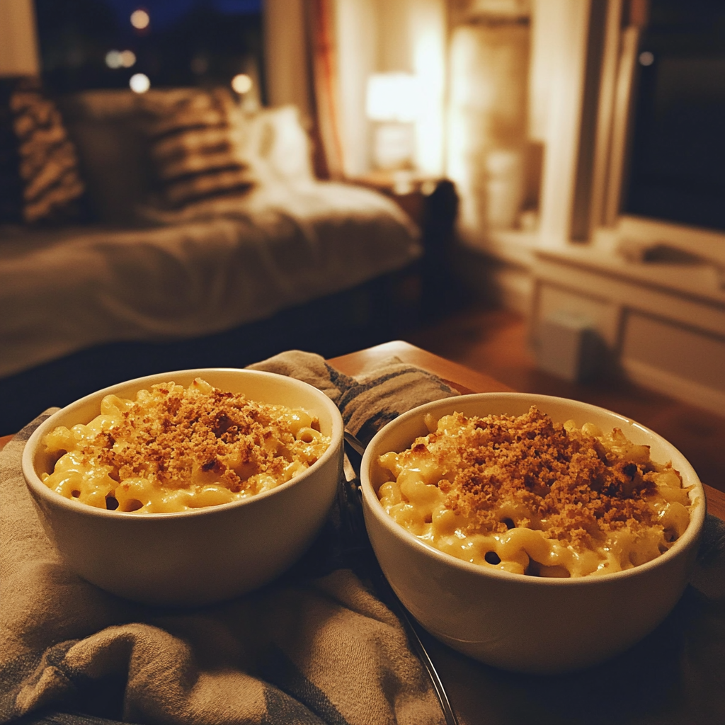 Des bols de macaronis au fromage sur une table basse | Source : Midjourney