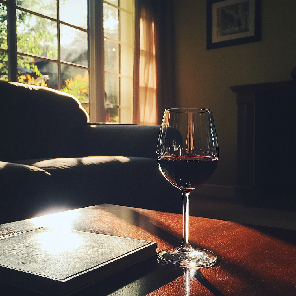 A glass of wine on a coffee table | Source: Midjourney