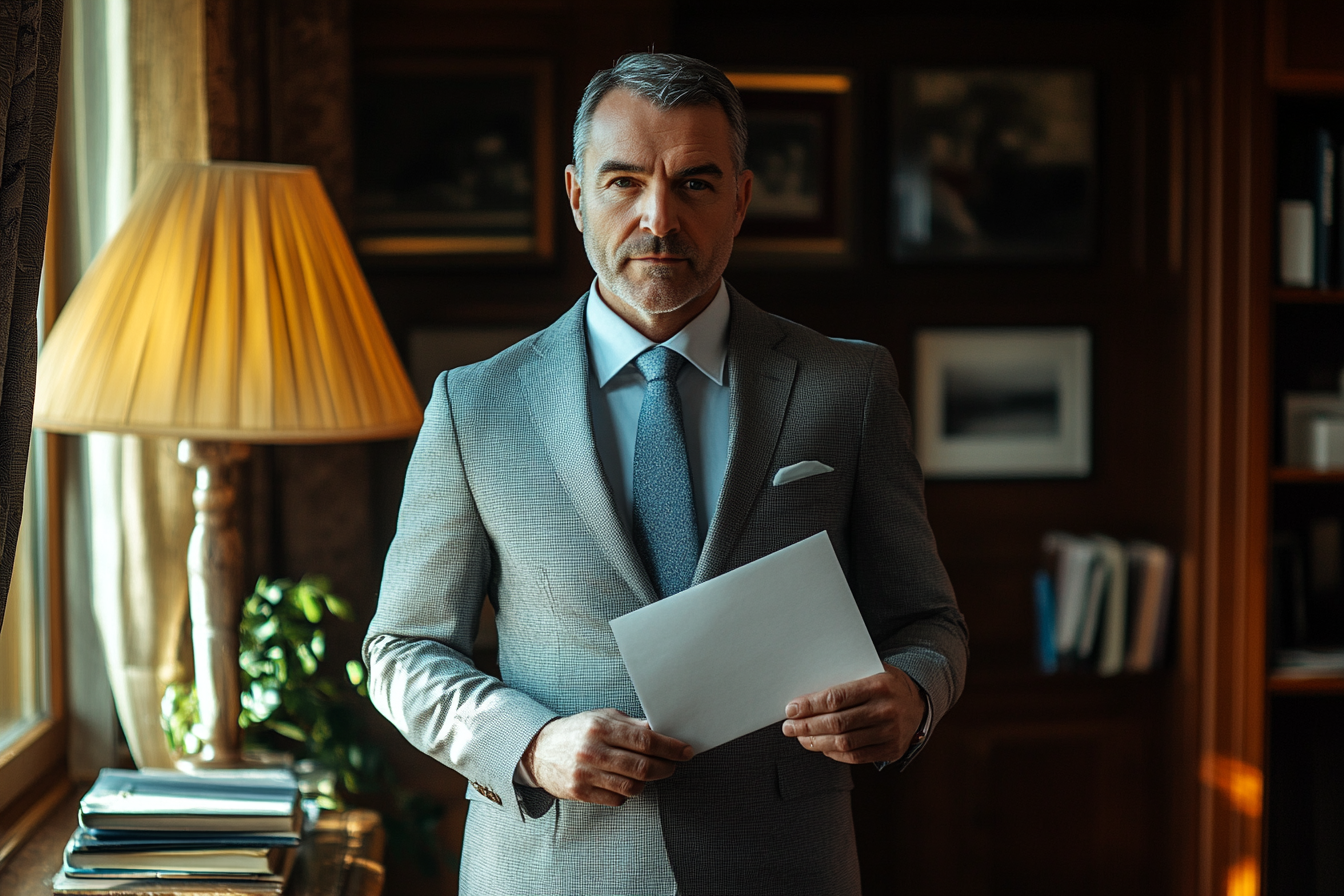 Homme en costume gris tenant une enveloppe dans un bureau | Source : Midjourney