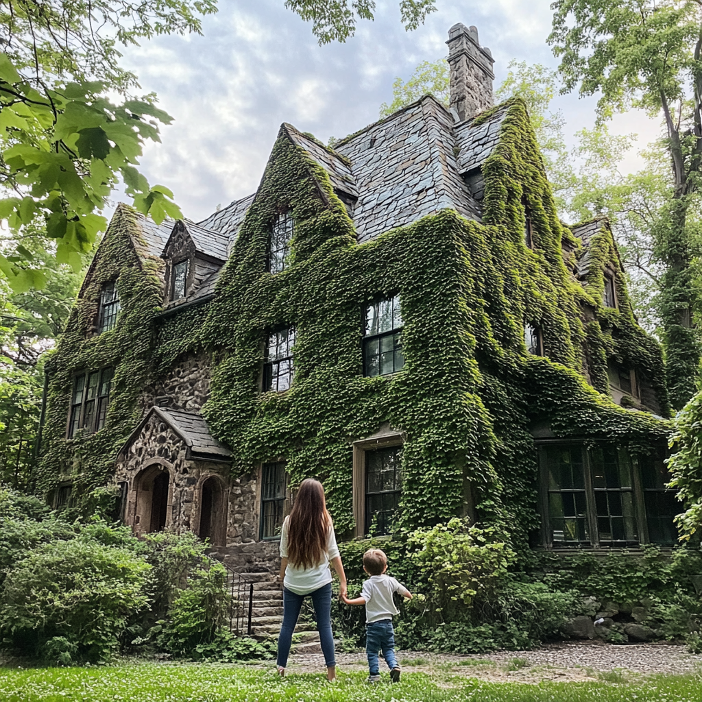 Mère et fils jouant à l'extérieur d'un manoir couvert de lierre | Source : Midjourney