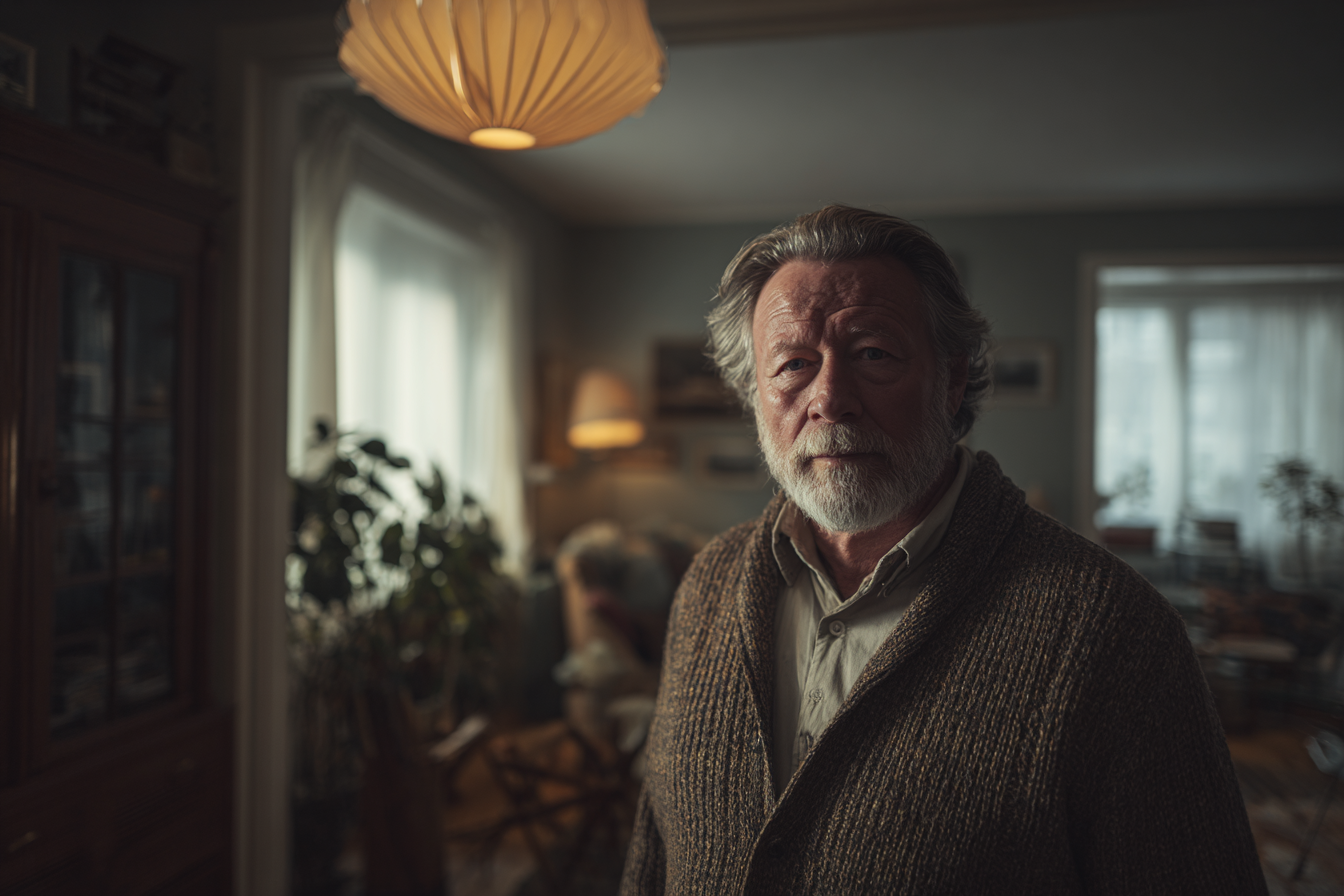 Un homme âgé debout dans sa maison | Source : Midjourney