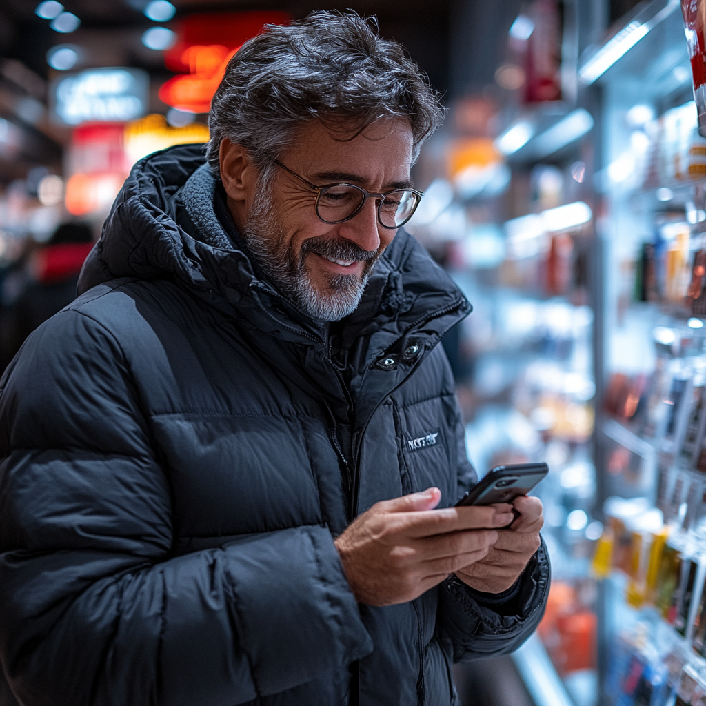 Un homme d'âge moyen heureux regarde dans son téléphone | Source : Midjourney