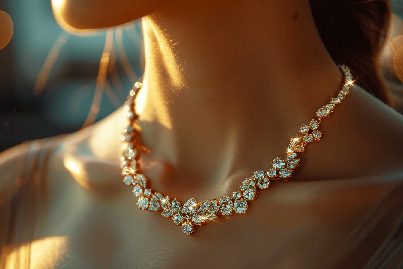 Gros plan d'une jeune femme portant un collier de diamants | Source : Midjourney