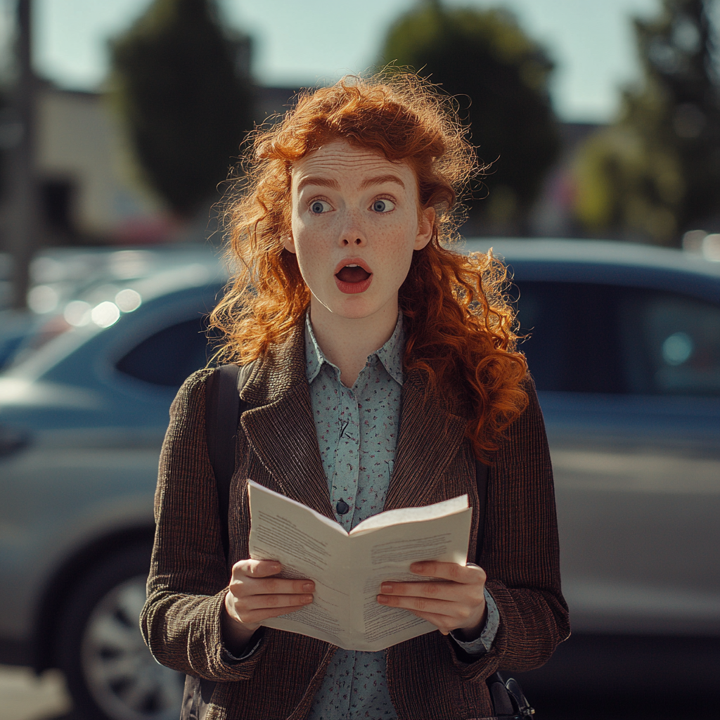 Une femme choquée avec un mot sur un parking | Source : Midjourney