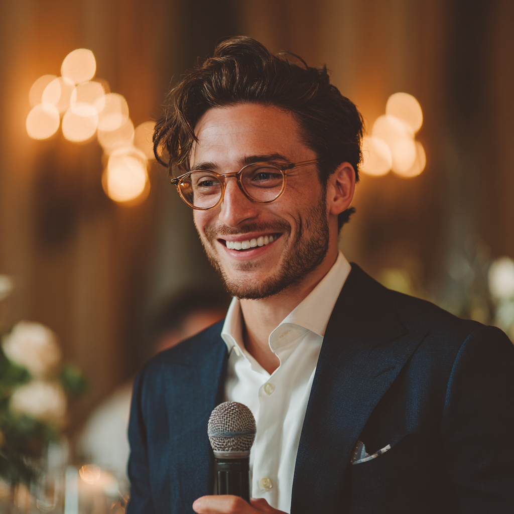 Un marié tenant un micro | Source : Midjourney