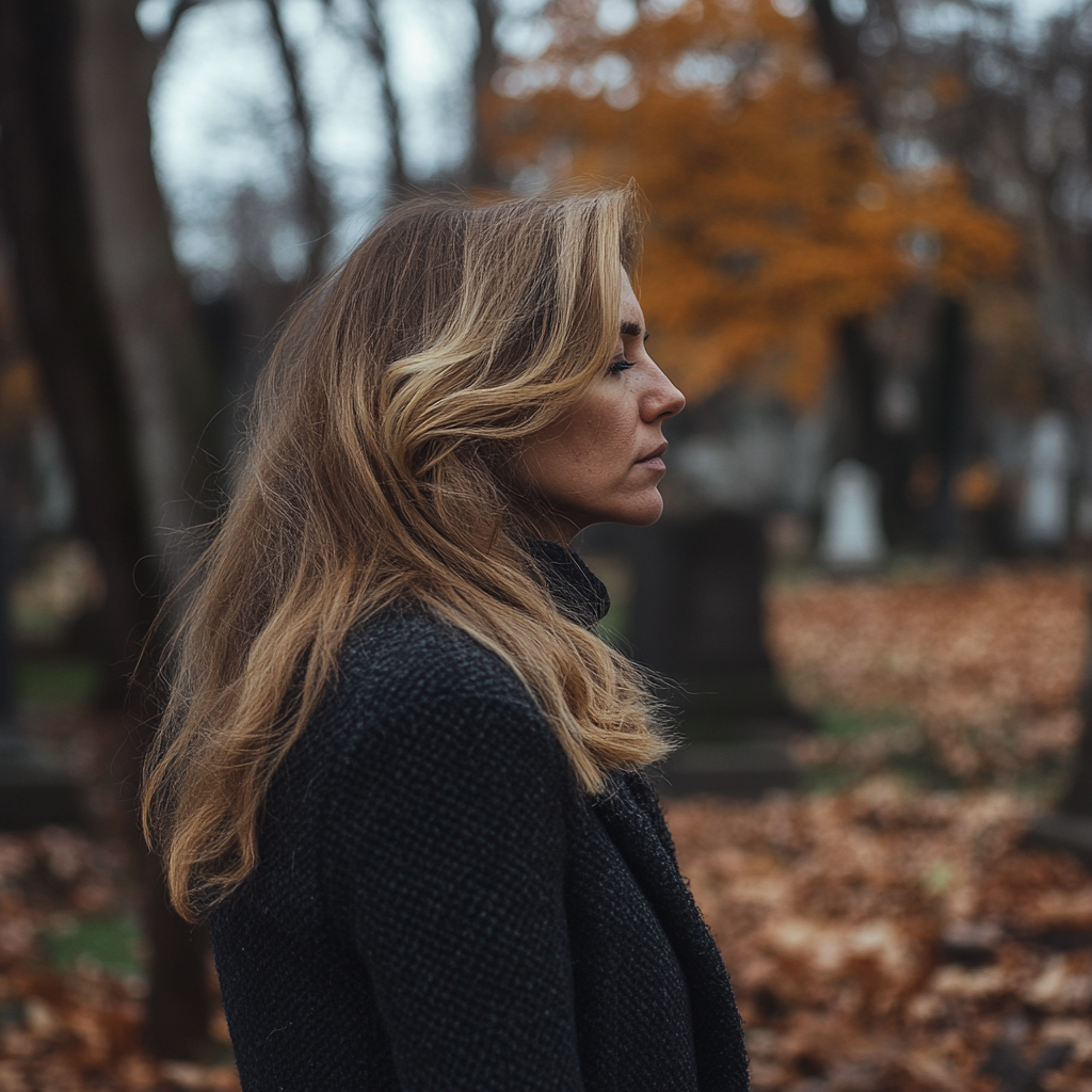 Une femme en deuil dans un cimetière ⏐ Source : Midjourney