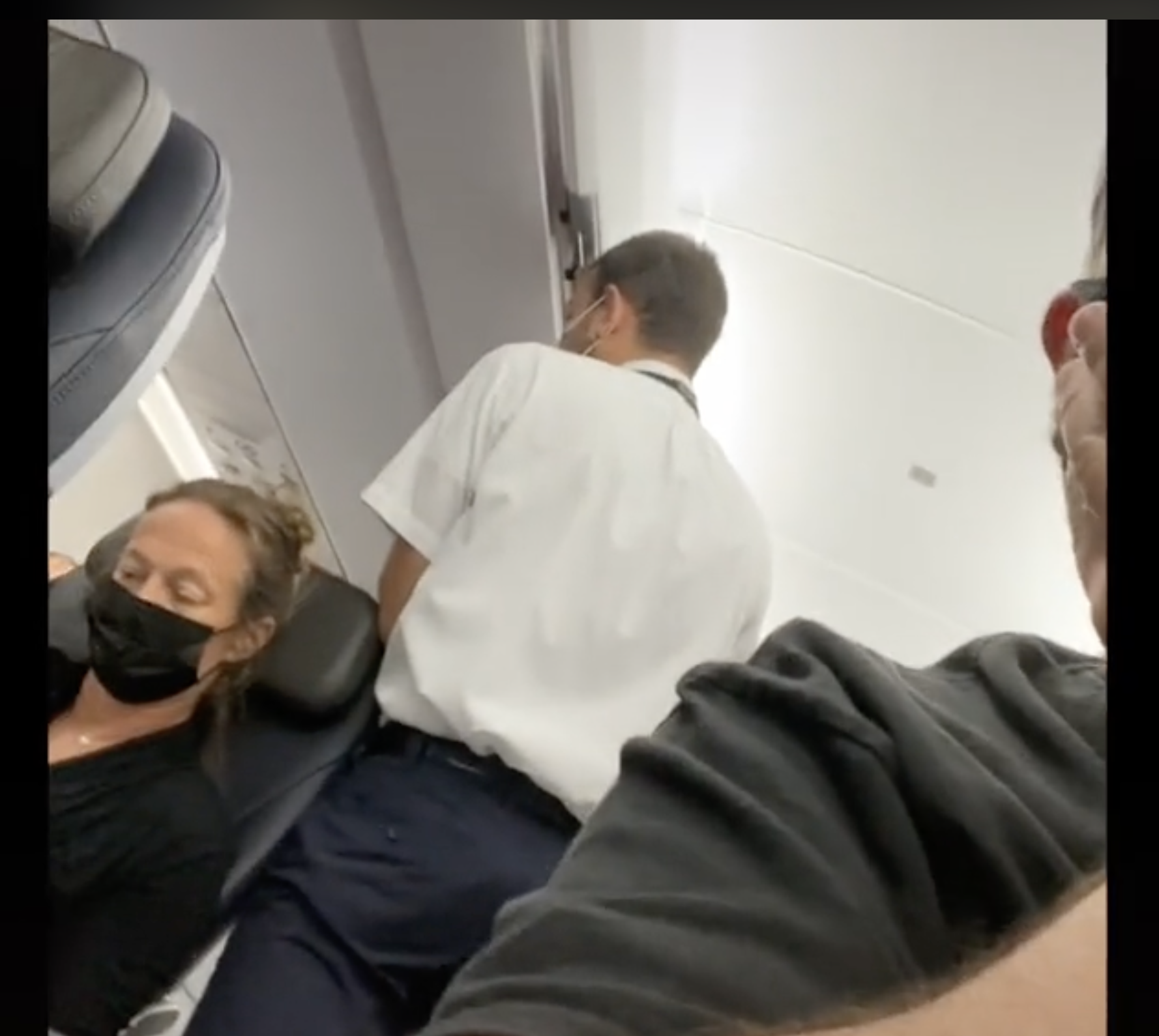 L'un des agents de bord est photographié en train de parler à un passager apparemment indiscipliné en plein vol. | Source : tiktok.com/@brentunderwood