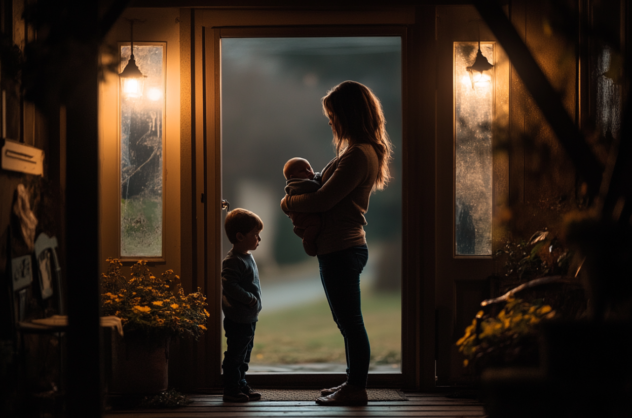 Une femme debout dans l'embrasure d'une porte avec deux enfants | Source : Midjourney