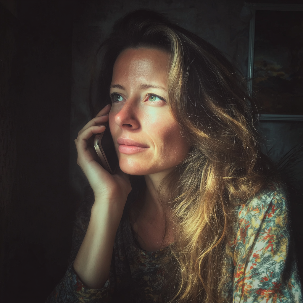 Une femme pensive qui parle au téléphone | Source : Midjourney