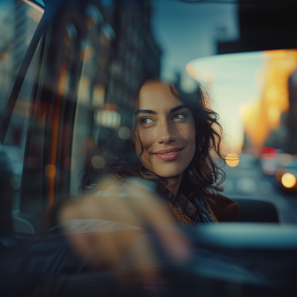 Une femme souriante assise dans une voiture | Source : Midjourney