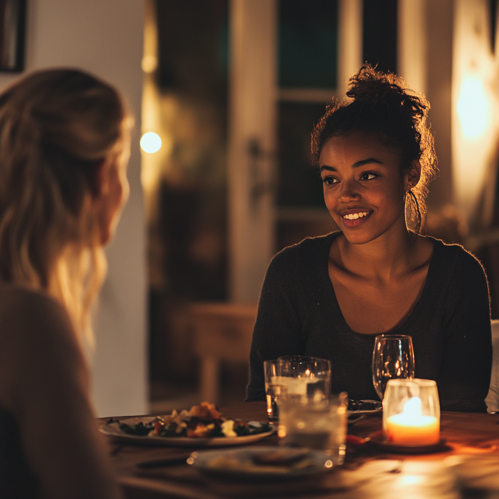 Une femme au sourire forcé à une table de dîner | Source : Midjourney