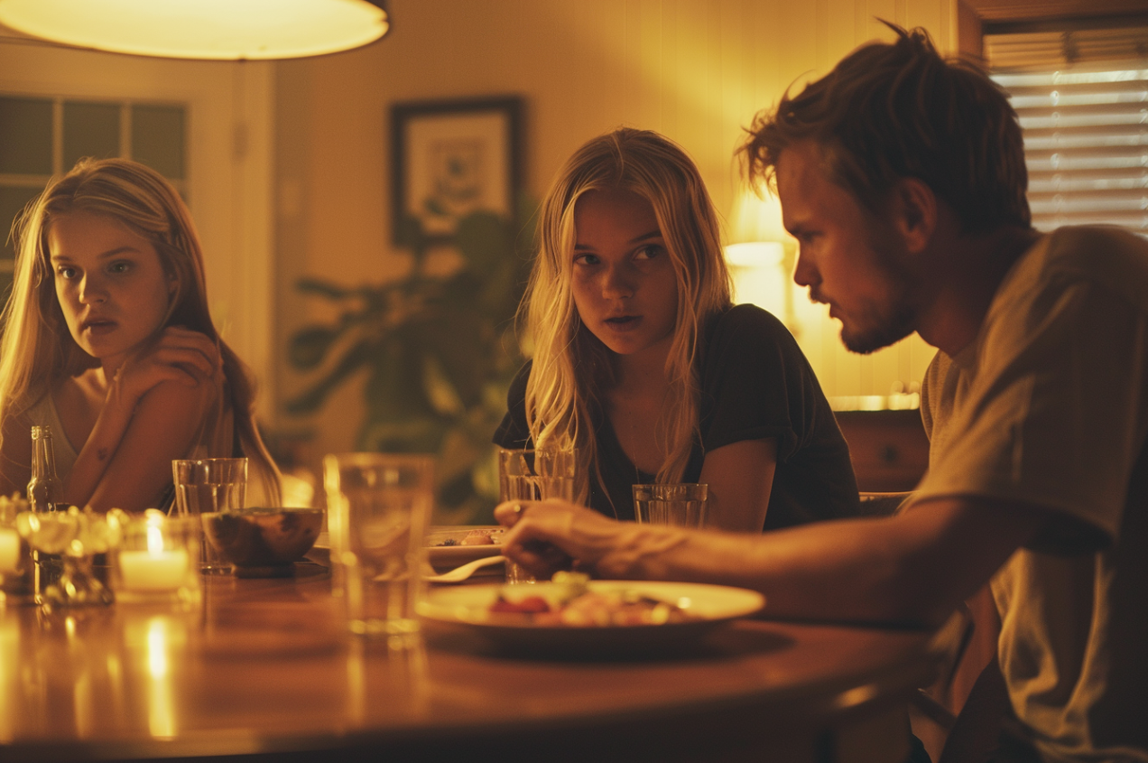 Un homme en train de faire un dîner tendu avec ses filles jumelles | Source : MidJourney