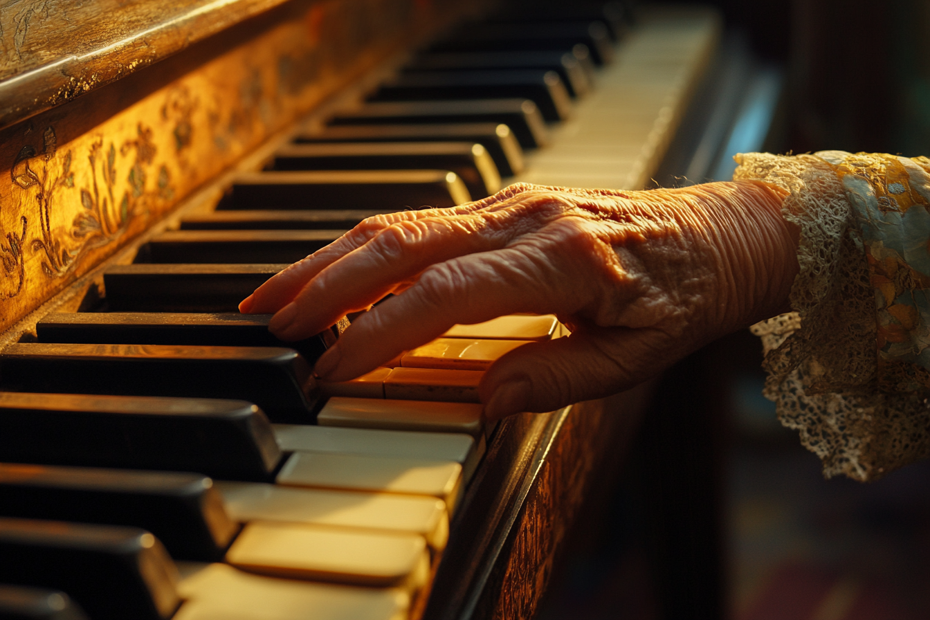 Une dame d'un certain âge touche un piano classique | Source : Midjourney