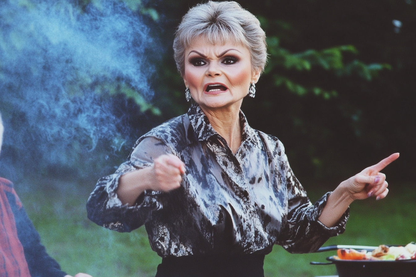 Une femme d'âge moyen à l'air contrarié et acussant lors d'un barbecue | Source : Midjourney