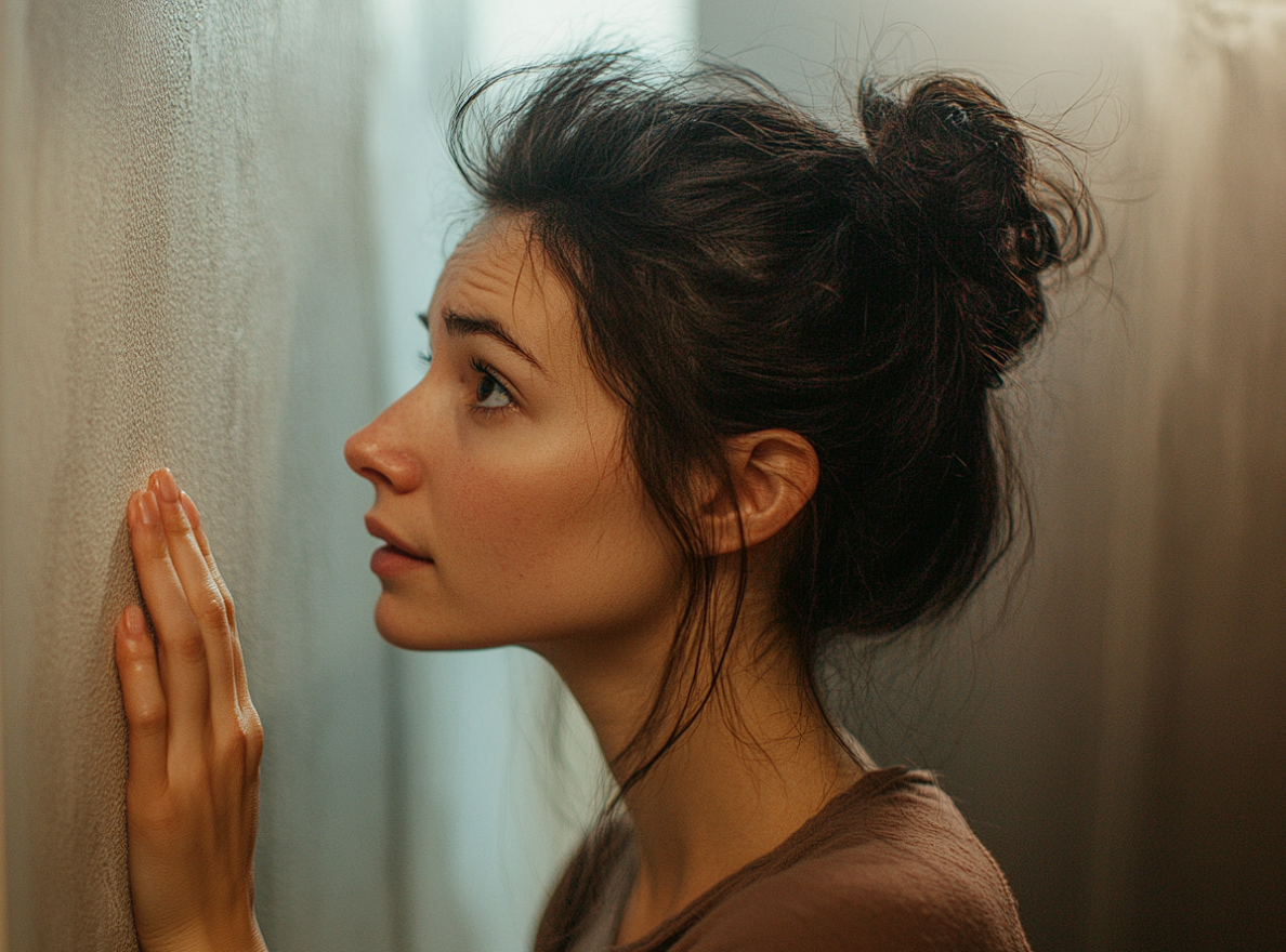 A worried woman leaning one hand against a wall | Source: Midjourney