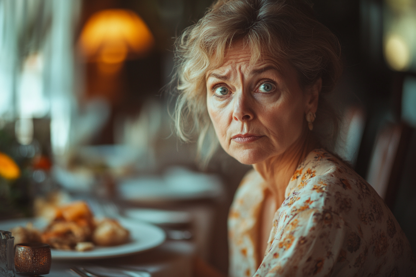 Disappointed old woman at a dinner table | Source: Midjourney