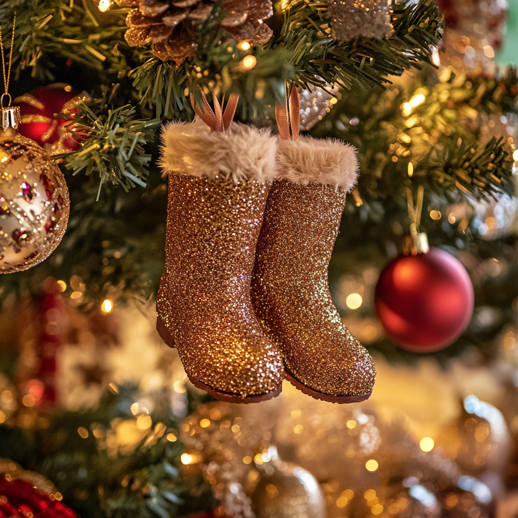 Une paire de mignons bibelots de bottes sur un arbre de Noël | Source : Midjourney