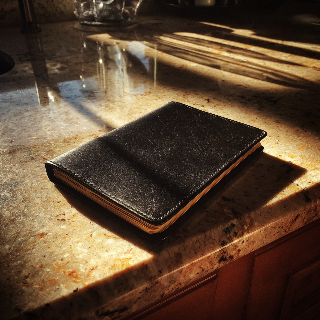 Un cahier noir sur un comptoir de cuisine | Source : Midjourney