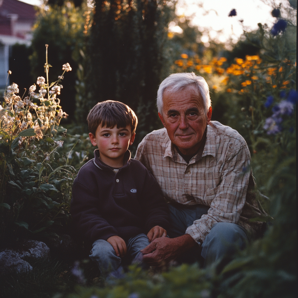 Un grand-père et son petit-fils dans son jardin | Source : Midjourney