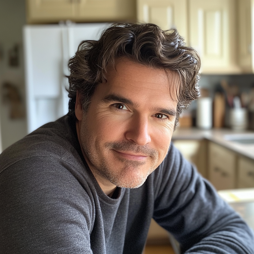 Un homme au sourire maladroit assis dans une cuisine | Source : Midjourney