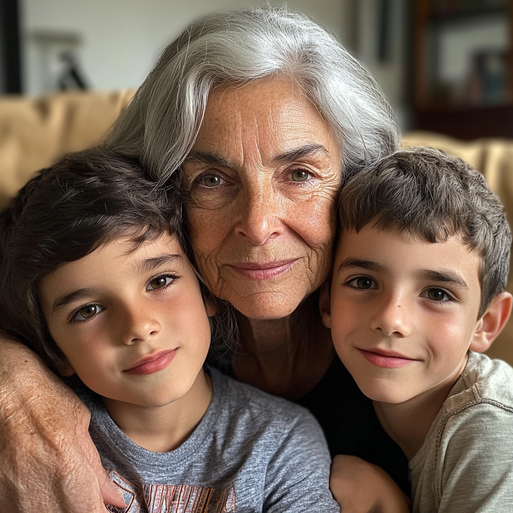 Femme âgée avec ses deux petits-fils jumeaux | Source : Midjourney