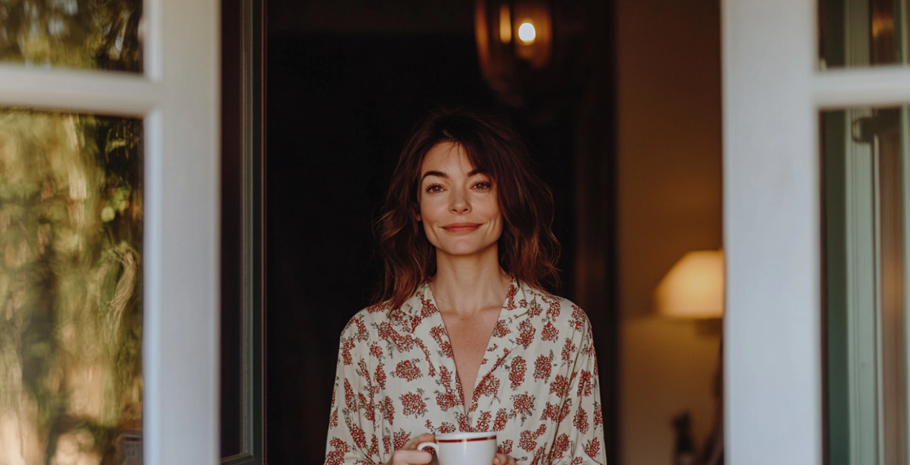 Une femme qui répond à sa porte d'entrée | Source : Midjourney